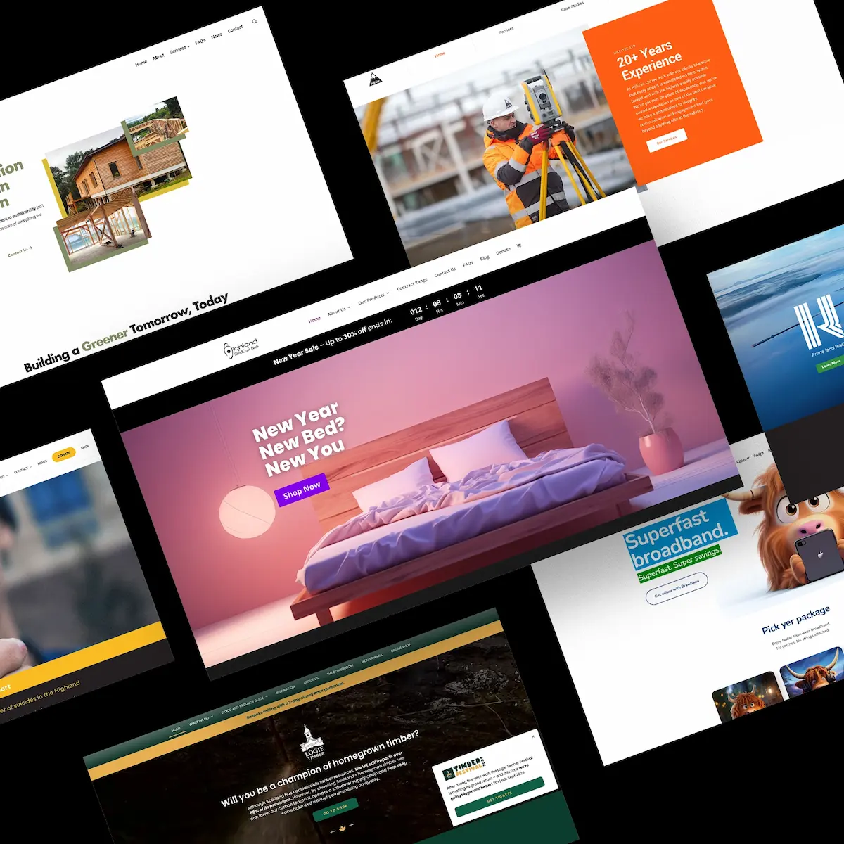 A montage of nine diverse website design screenshots showcasing various industries including real estate, construction, hospitality, interior design, and telecommunications.