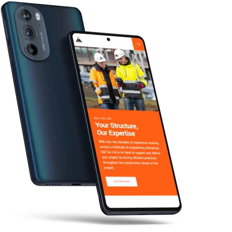 Two smartphones displaying engineering website; one shows text about construction project support, other, rear view with online advertising for cameras.