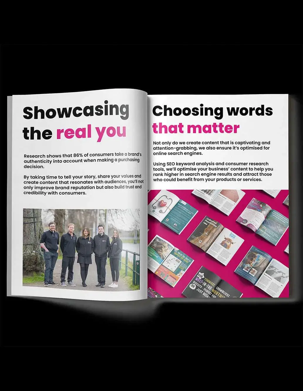 An open magazine reveals two insightful articles. The left page discusses the importance of authenticity in branding, featuring a group photo. The right page delves into effective content creation and SEO strategies to enhance search-optimized copywriting.