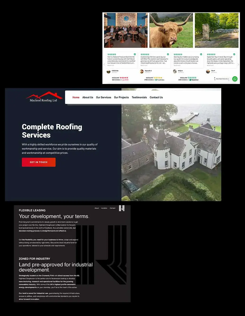 Three different website pages displayed: a social media profile, a roofing services homepage, and an industrial development leasing page, all showcasing expert copywriting.