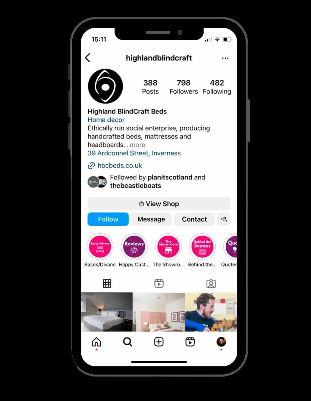 A smartphone screen displays the Instagram profile of "highlandblindcraft," a home decor enterprise. The profile has 388 posts, 798 followers, and 482 following. Bio: "Ethically fun social enterprise..." Perfect for those interested in SEO and copywriting for ethical brands.