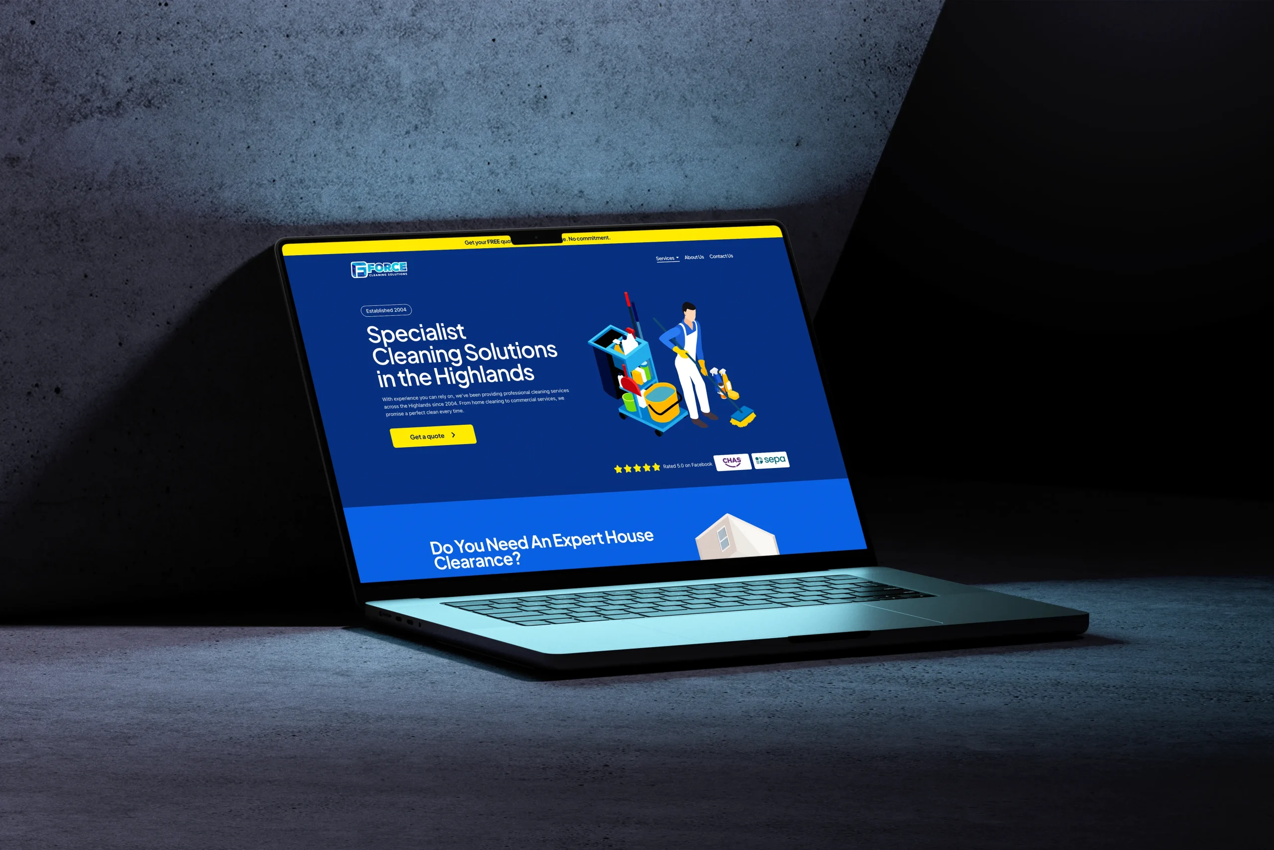 A laptop displaying a website for specialist cleaning solutions. The screen shows a blue-themed page with graphics and text promoting house clearance services in the Highlands.