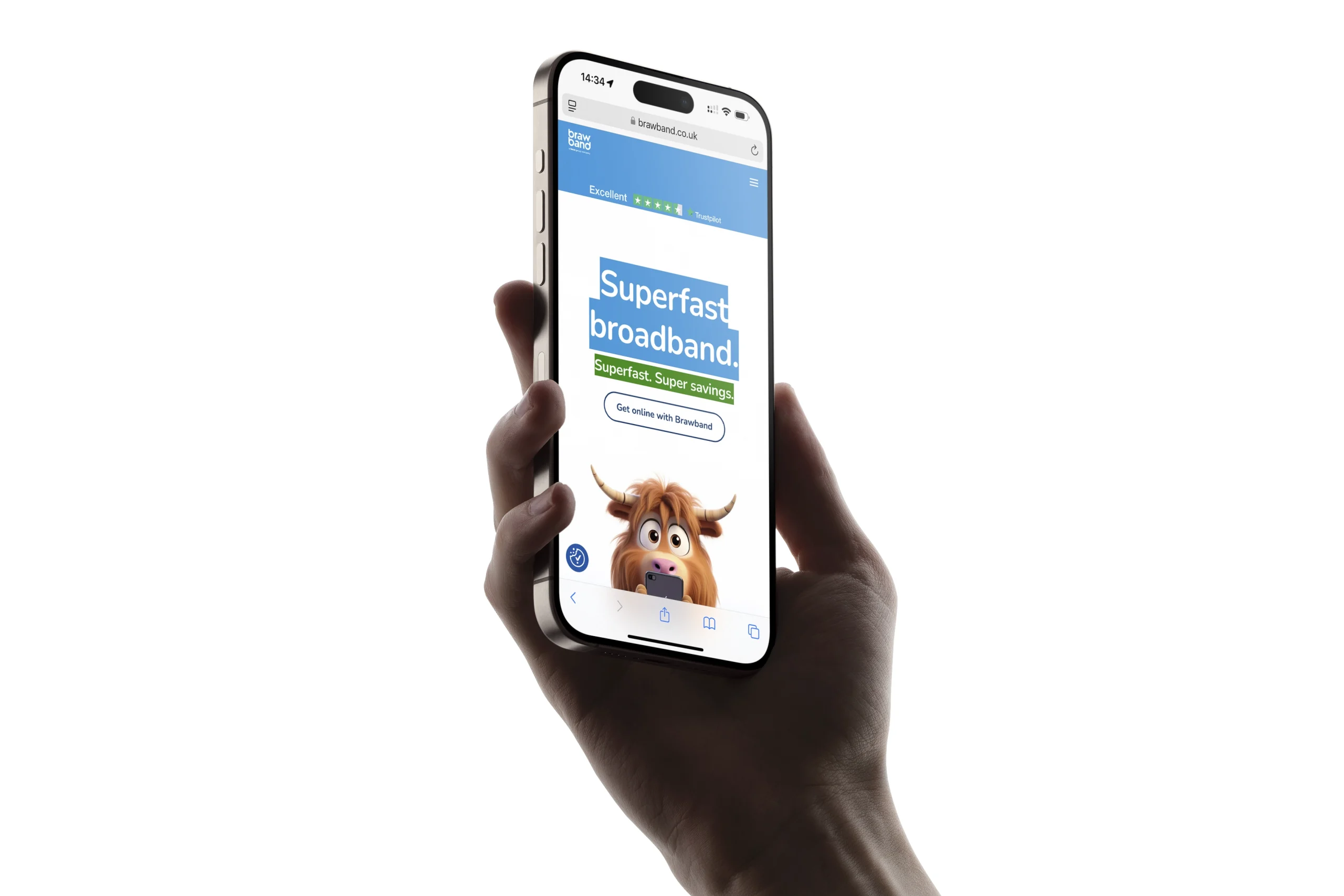 A hand holds a smartphone displaying a webpage for a superfast broadband service, with a graphic of a cartoon animal and text promoting savings.